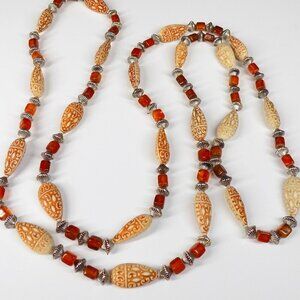 Vintage Long Necklace 54" Acrylic Lucite Faux Bone Faux Amber Silver-tone Beads